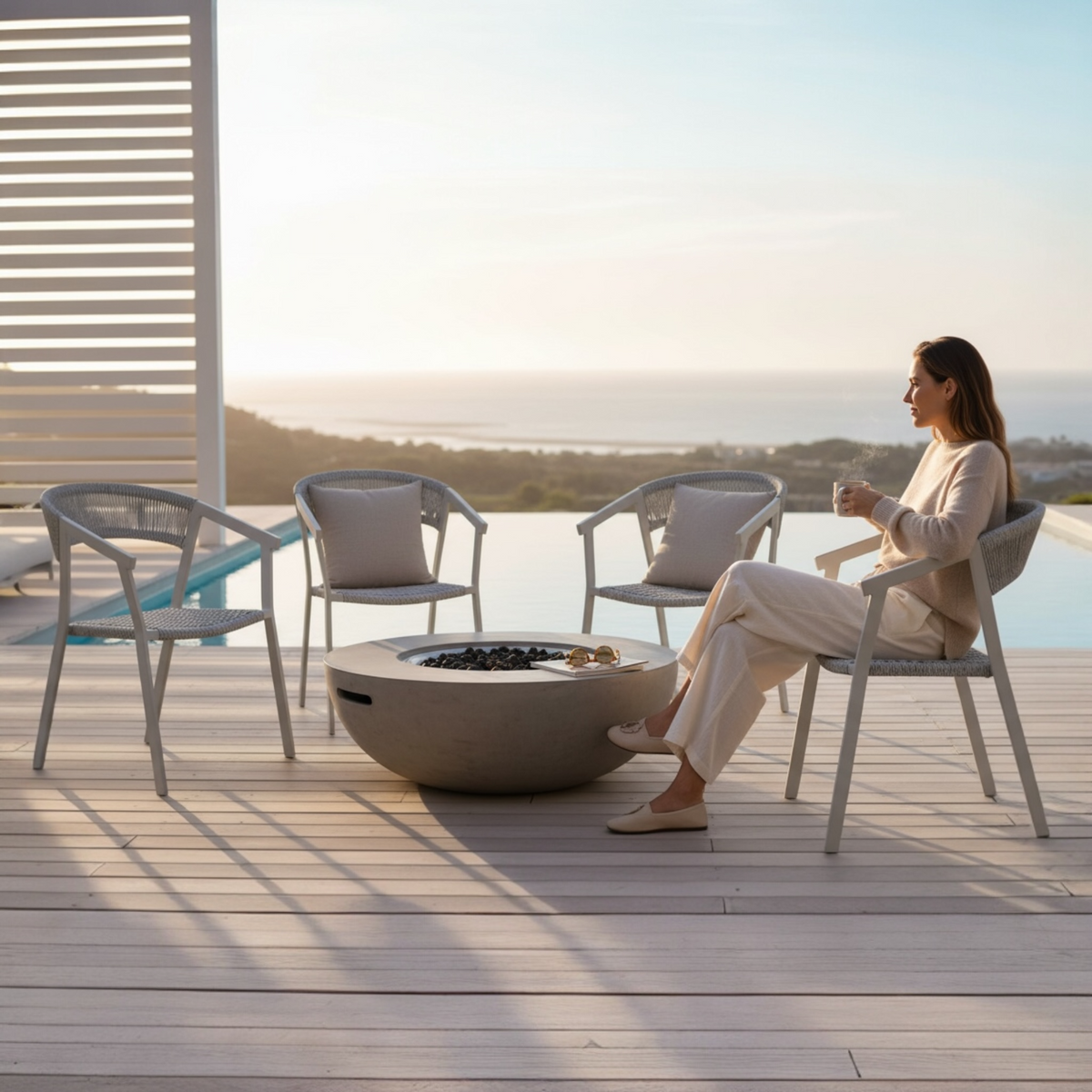 Lara light gray rope dining armchairs, set of 2 – shown outdoors