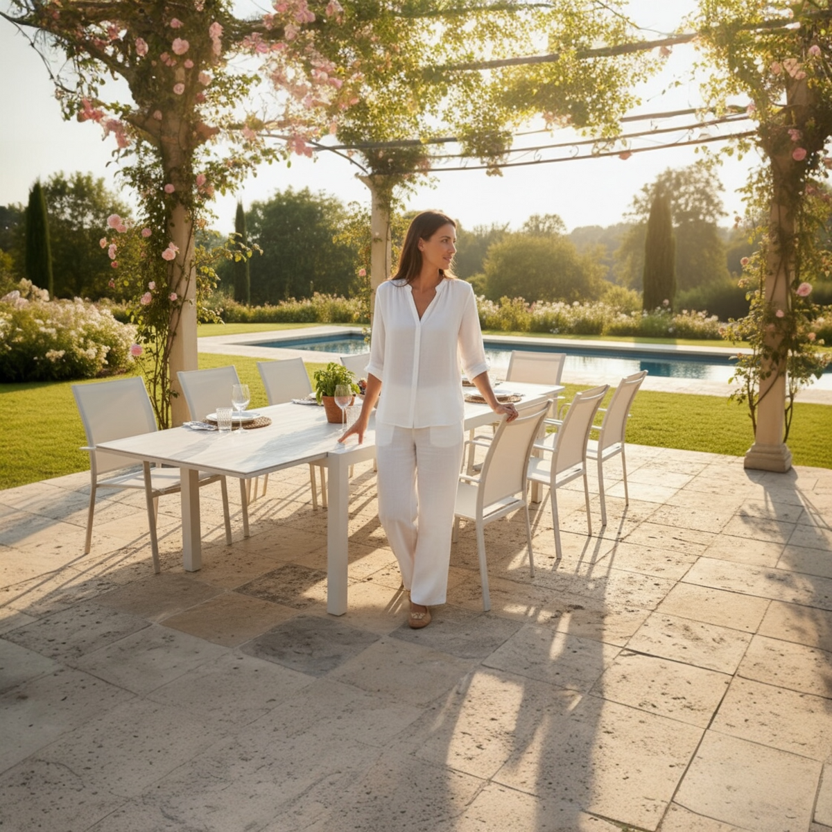 Eden extendable beige aluminum ceramic outdoor dining table – shown outdoors (2)