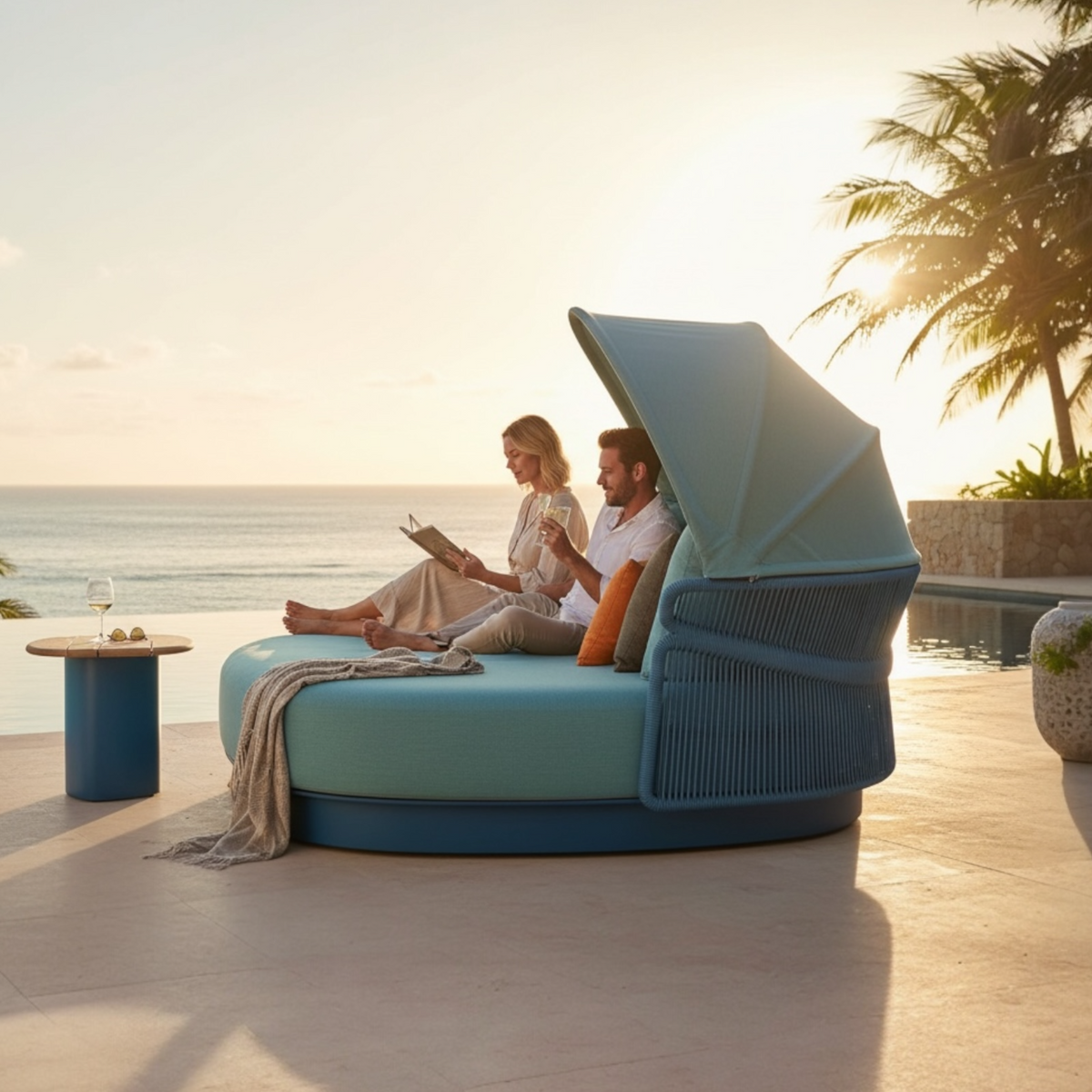 Laska round blue rope double pool bed with folding canopy – shown outdoors