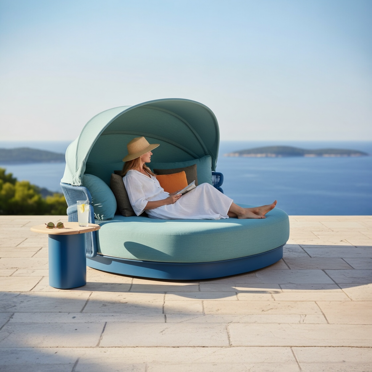 Laska round blue rope double pool bed with folding canopy – shown outdoors (2)