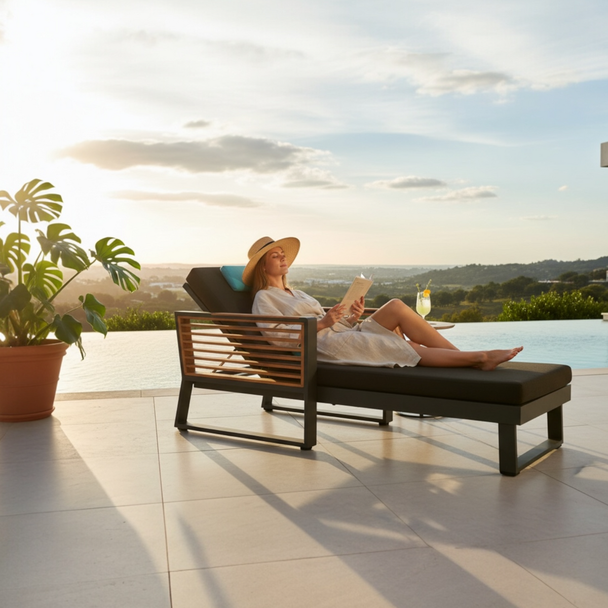Cofy cushioned aluminum and teak chaise lounge – shown outdoors (3)