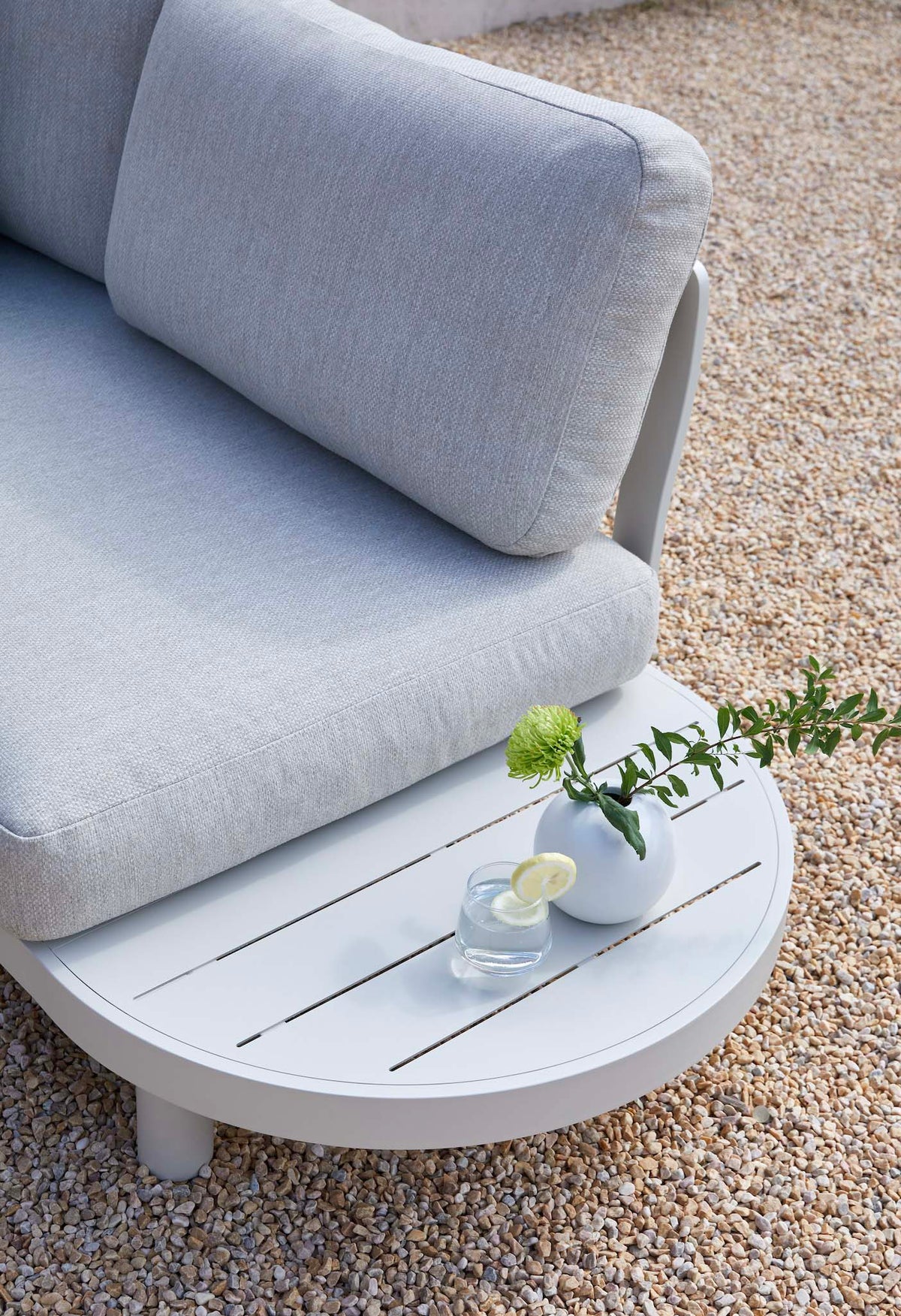 Chaise from the Alba white aluminum corner sofa set with ceramic and aluminum coffee tables – close-up detail