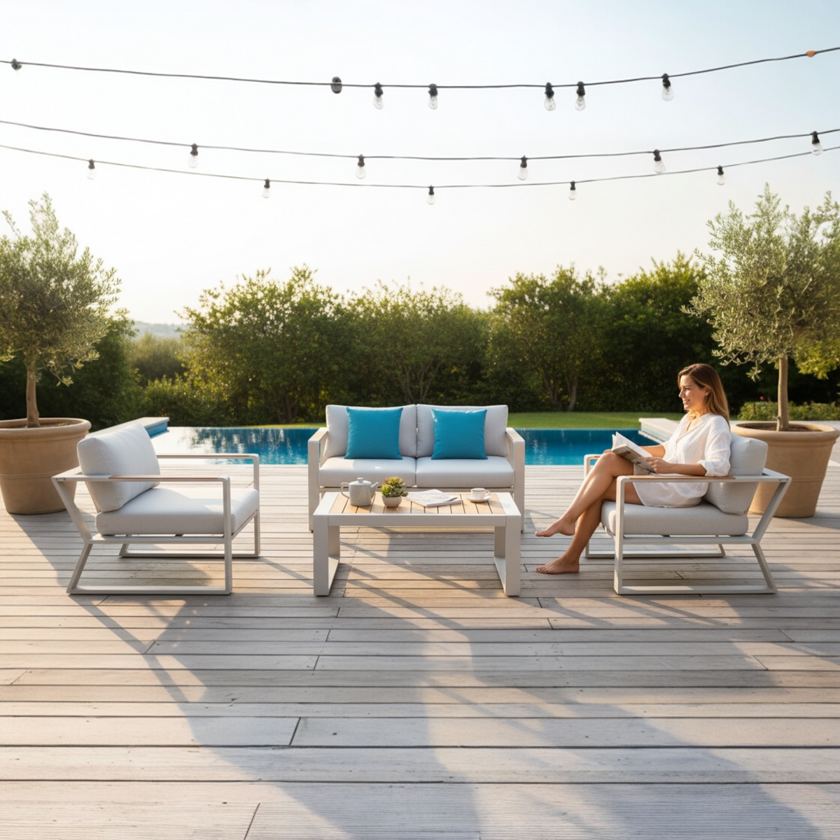 Exy Mini beige aluminum patio loveseat set with teak coffee table – shown outdoors (2)