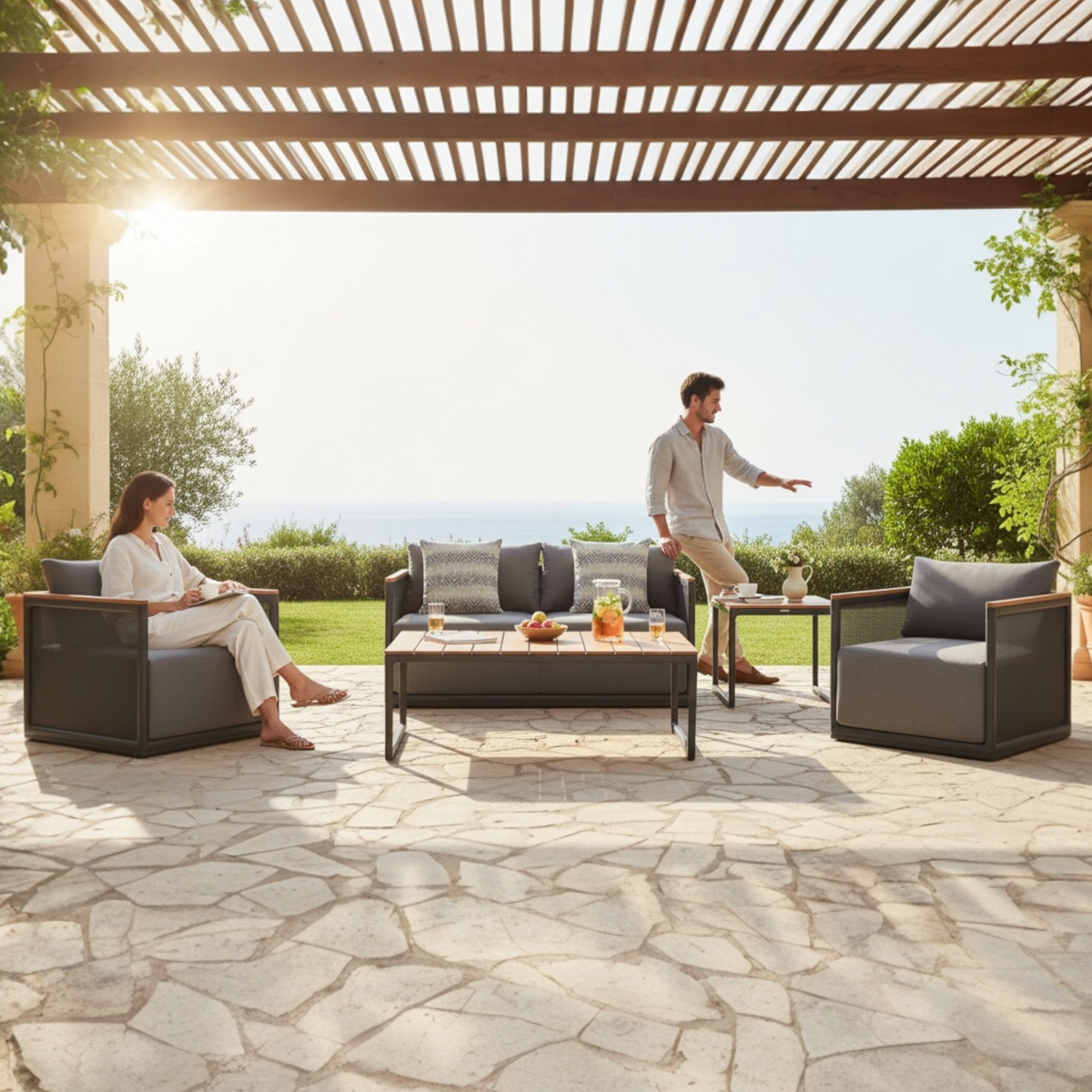 Rio 4-seat aluminum and teak lounge set with open-weave backs – shown outdoors (2)