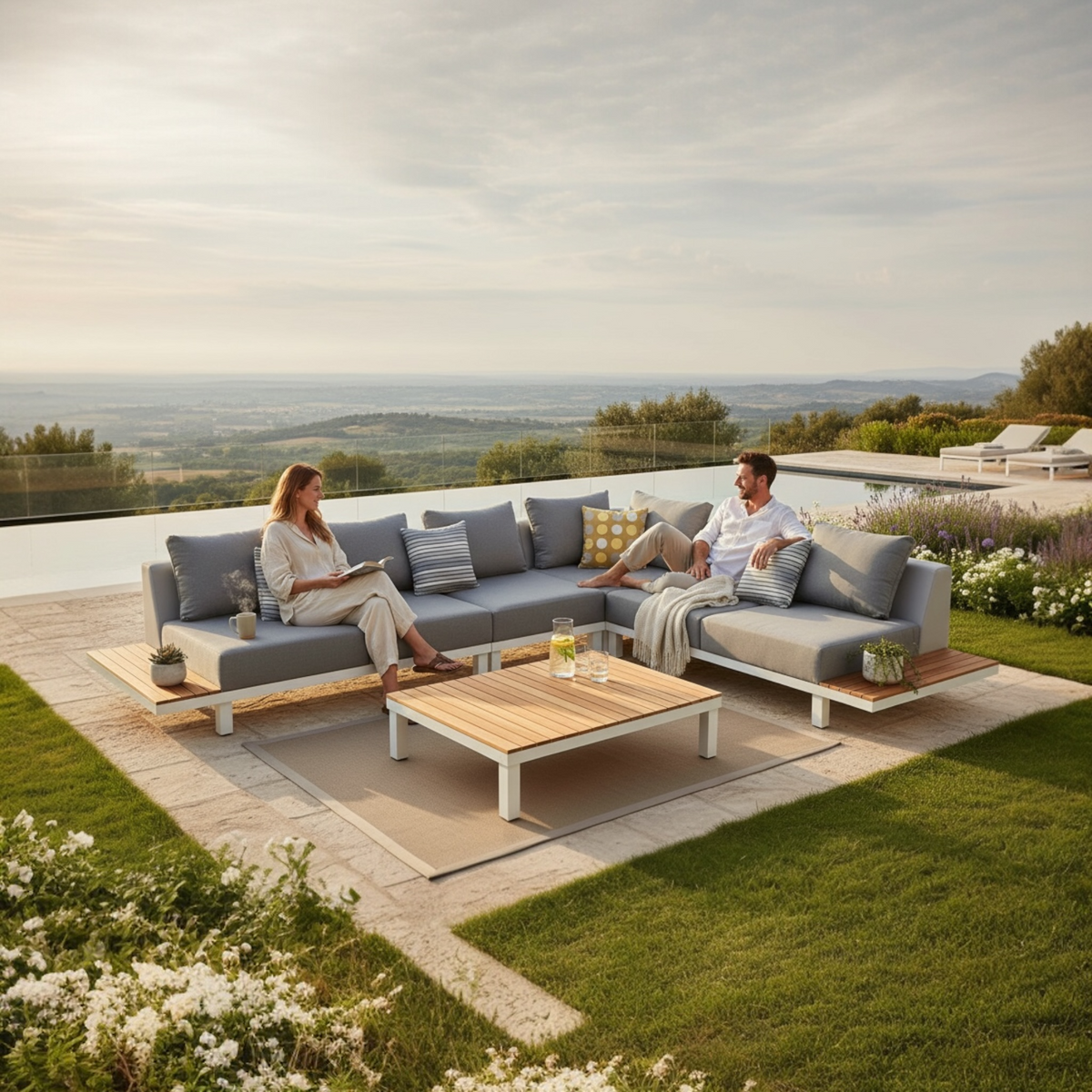 Orsy white aluminum corner lounge set with teak side tablets and teak coffee table – shown outdoors (2)