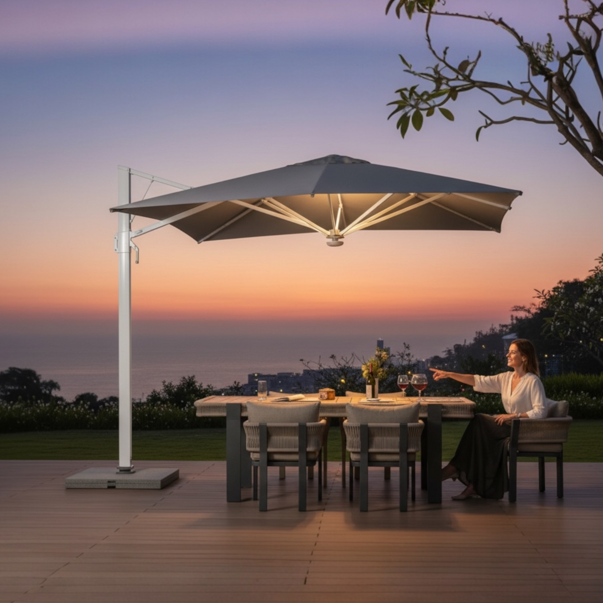 Sofy white aluminum 3 x 3 m offset umbrella with gray canopy – shown outdoors (4)