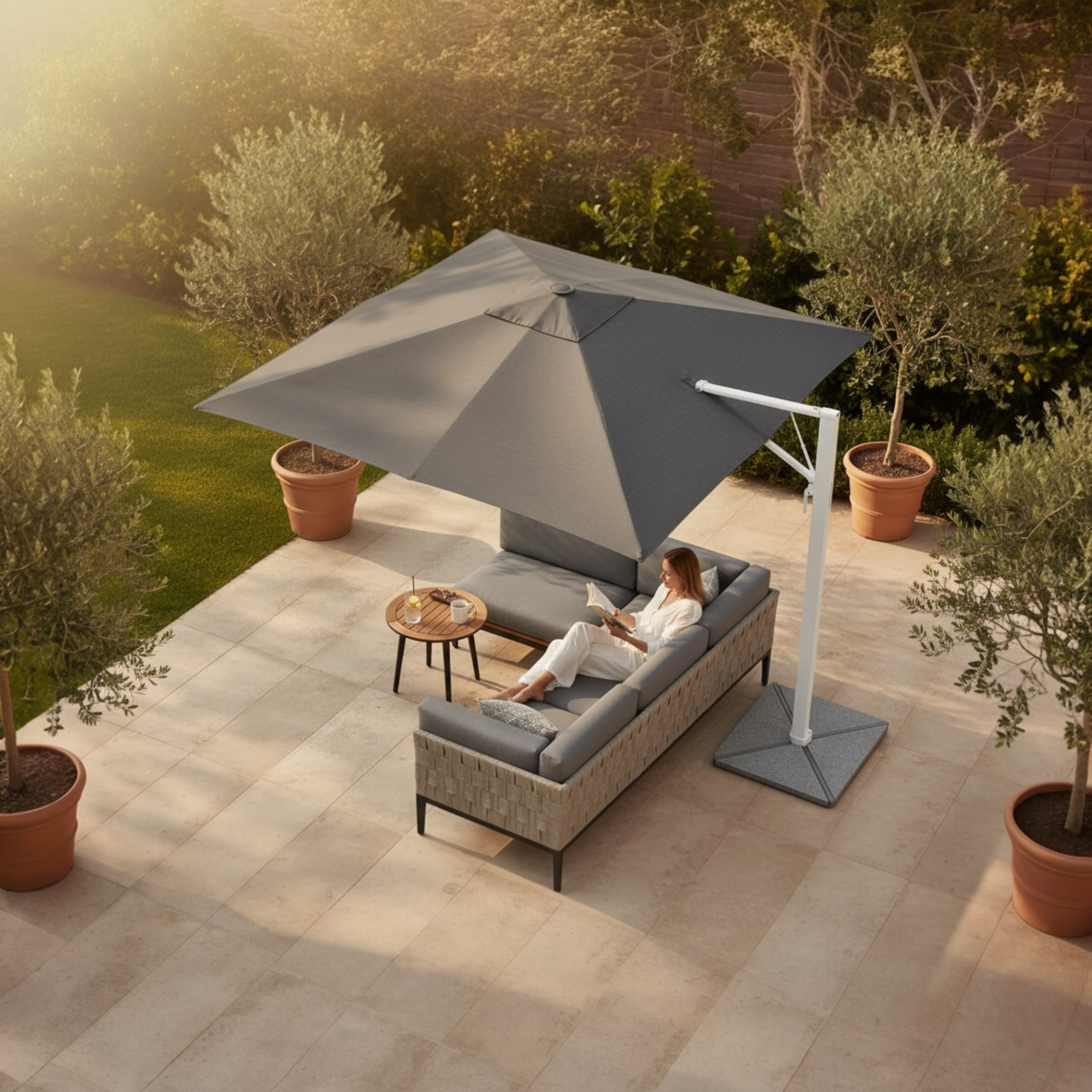 Sofy white aluminum 3 x 3 m offset umbrella with gray canopy – shown outdoors (5)