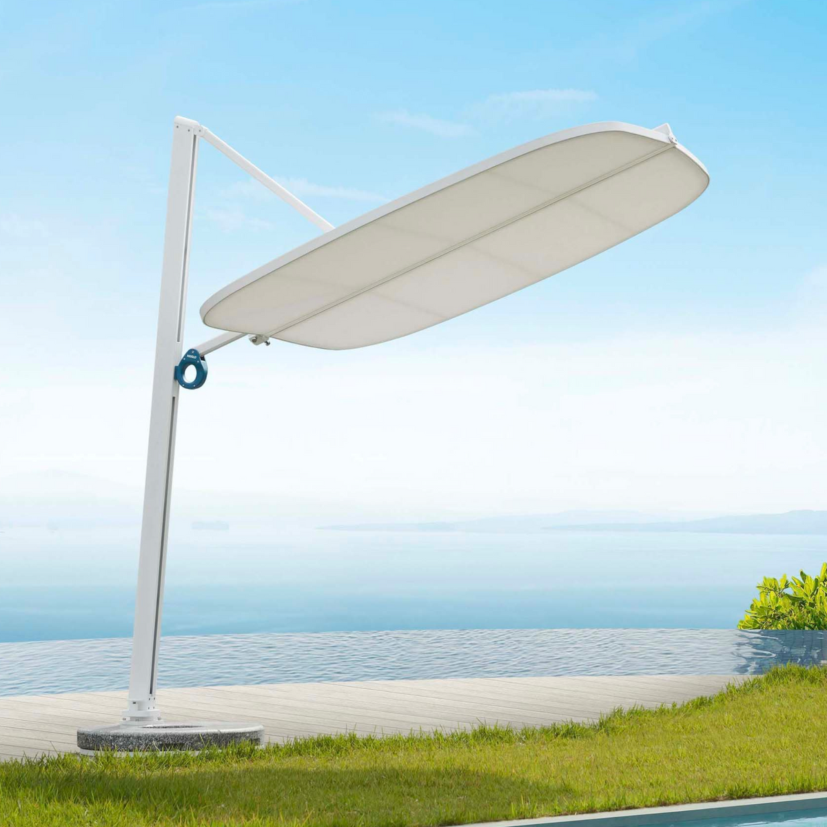 Alice white aluminum offset umbrella with acrylic canopy – shown outdoors