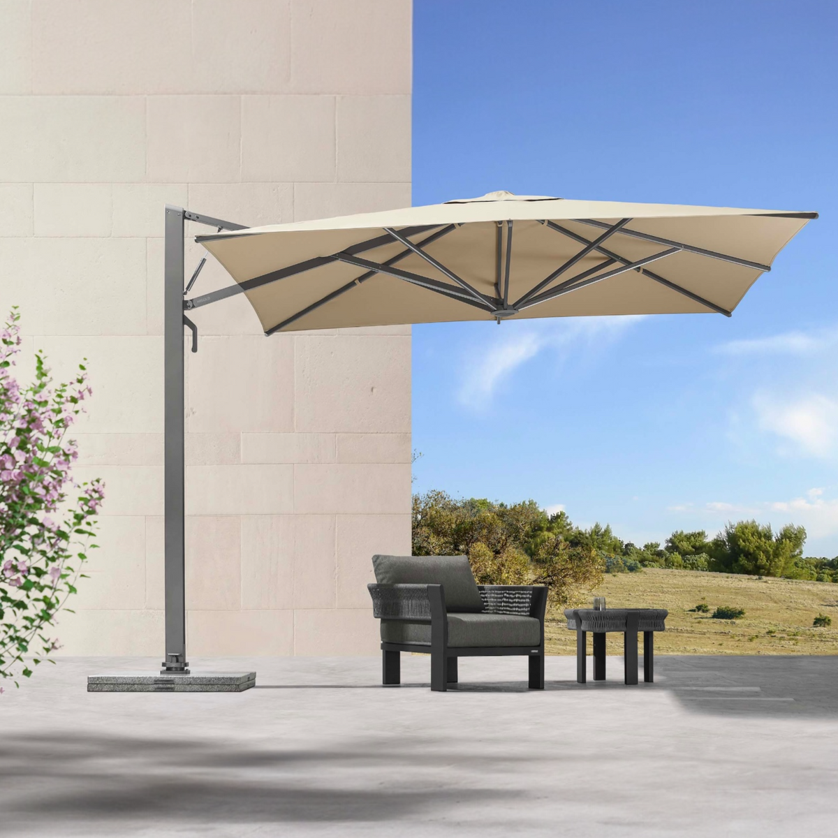 Sofy gray aluminum 3 x 3 m offset umbrella with beige canopy – shown outdoors (3)