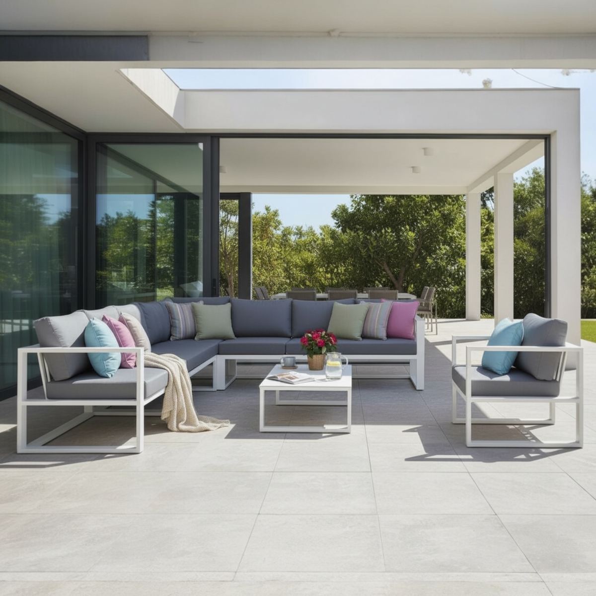 Belly XL extra-large aluminum outdoor sectional with armchair – shown outdoors
