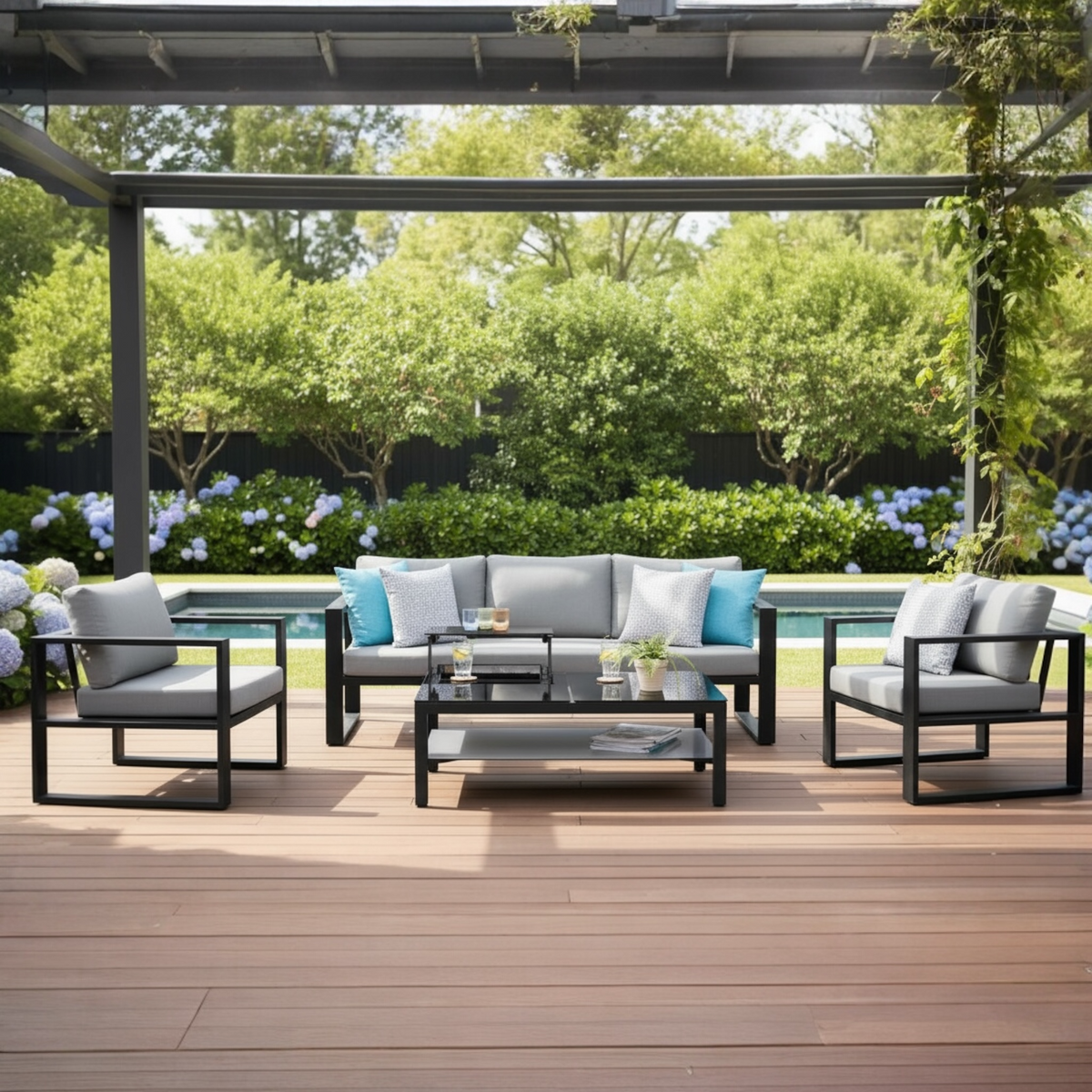 Belly black aluminum outdoor armchair – shown outdoors