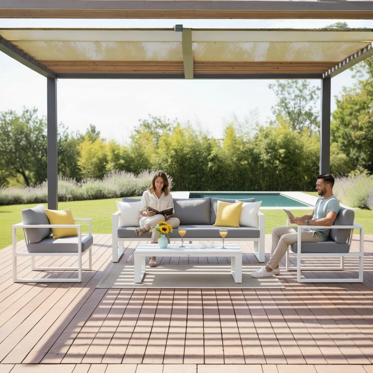 Jelly Bis aluminum patio set with white ceramic coffee table – shown outdoors (2)
