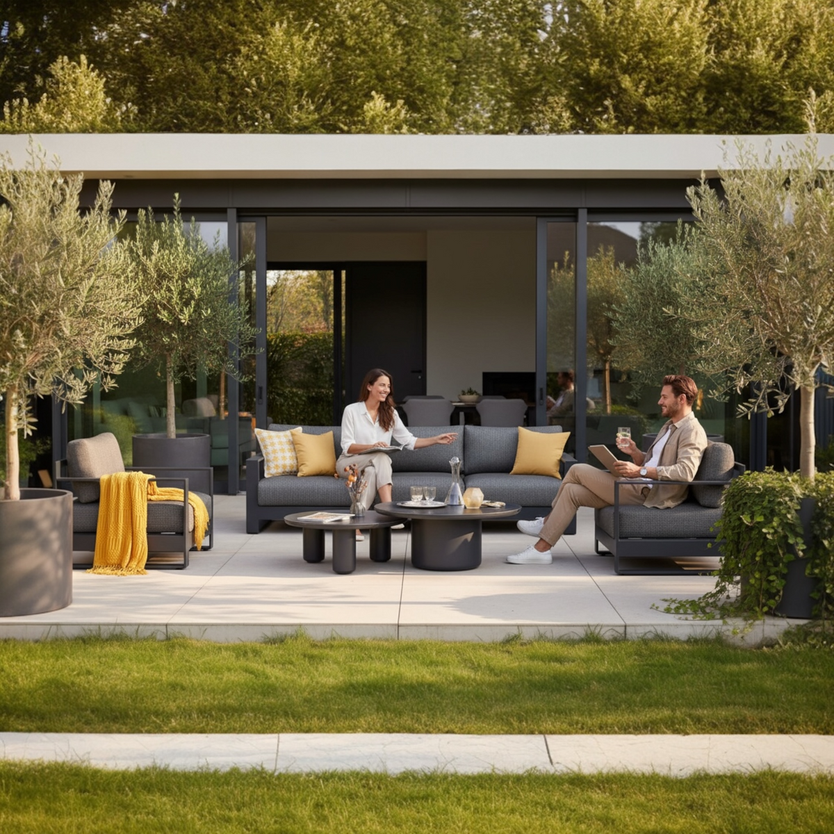 Iris Bis black modular aluminum patio set with gray cushions and ceramic tables – shown outdoors (2)