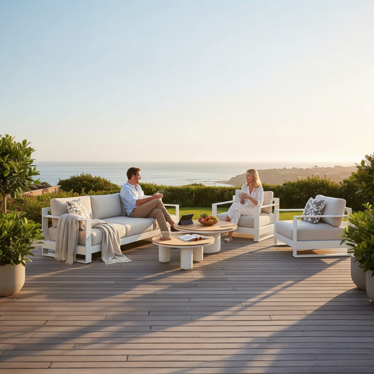Iris Bis white modular aluminum patio set with light cushions and two coffee tables – shown outdoors
