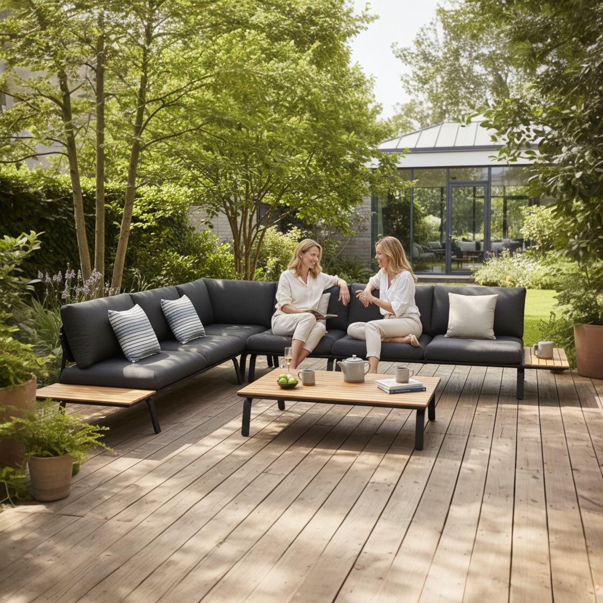 Punto low-profile black aluminum sectional with hand-woven black rope back – shown outdoors