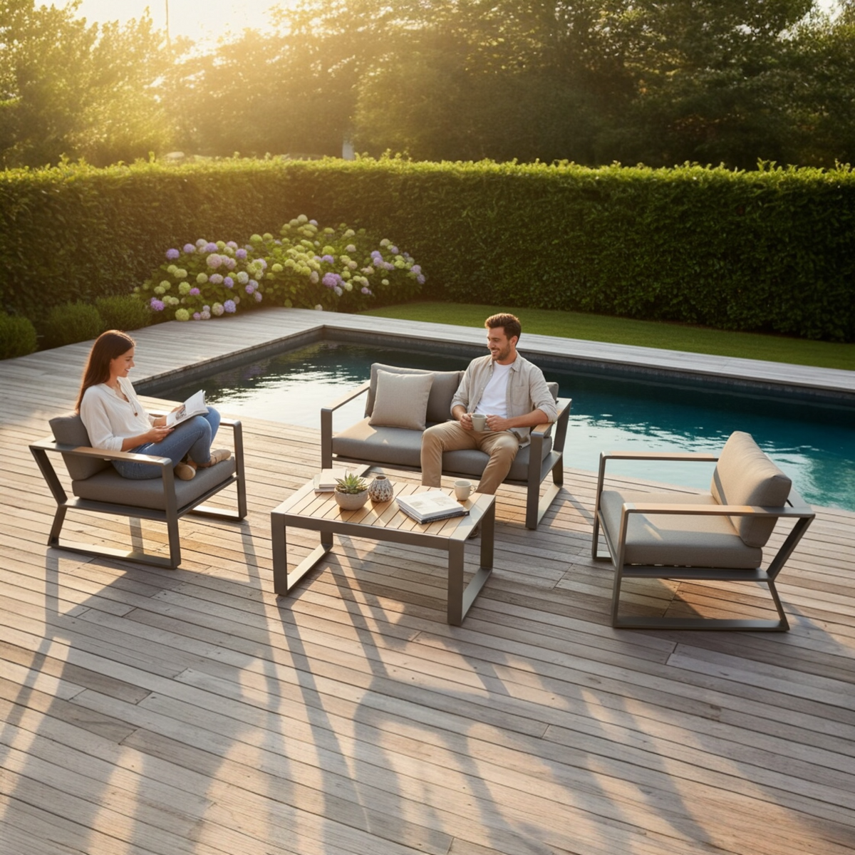 Exy Mini anthracite aluminum and teak loveseat set with slatted teak armrests – shown outdoors (2)