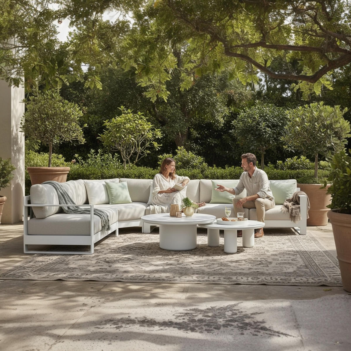 Iris Cosy white aluminum outdoor sectional with extra-wide corner seat – shown outdoors (2)