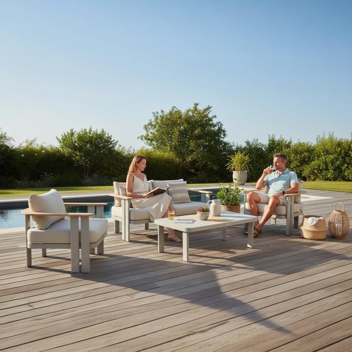 Elon 4-seat aluminum patio conversation set with padded cushions – shown outdoors (2)