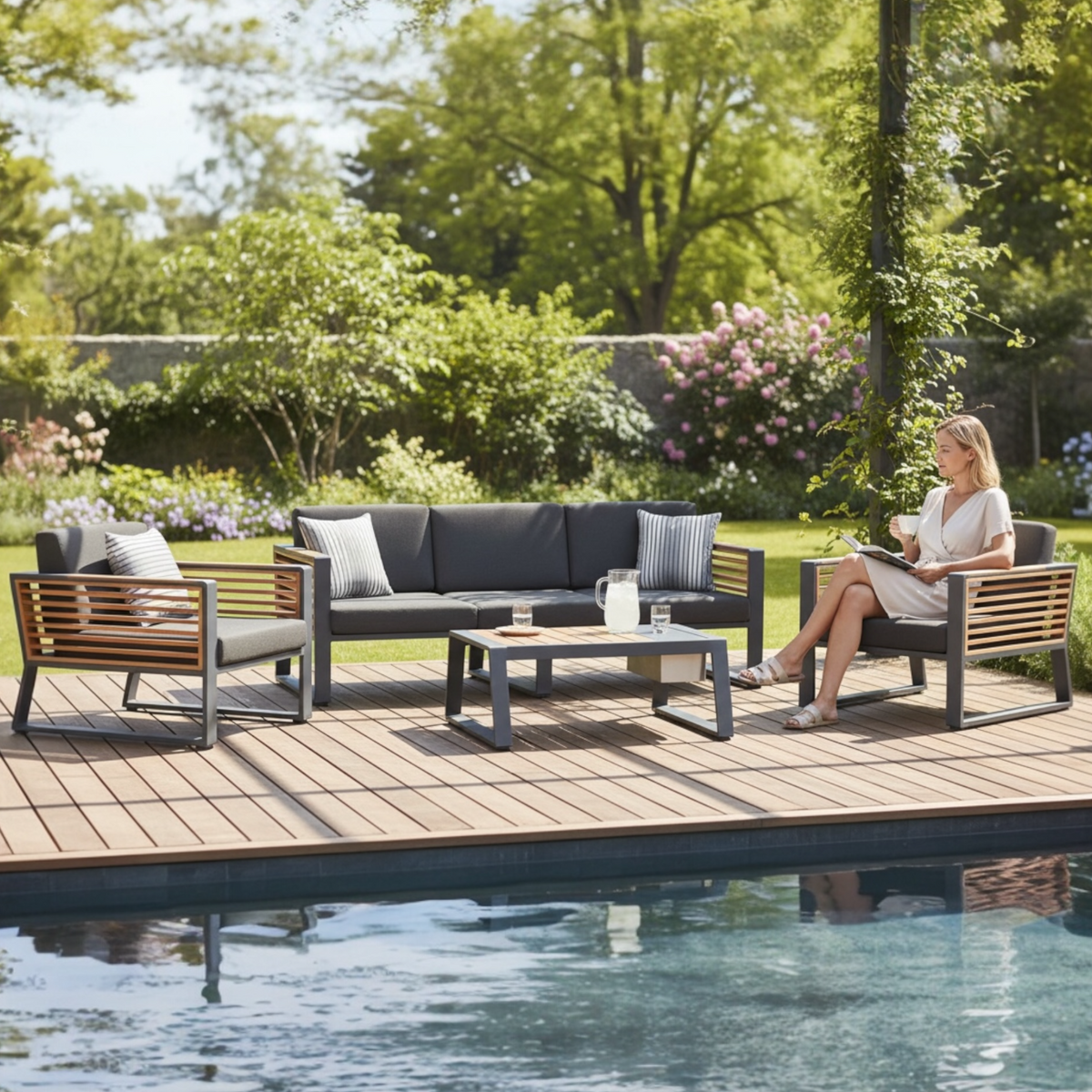 Cofy Bis aluminum patio set with teak and aluminum coffee table with drink cooler – shown outdoors