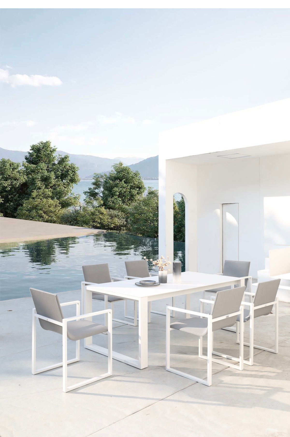 Como white aluminum ceramic-top outdoor dining table – shown outdoors (5)