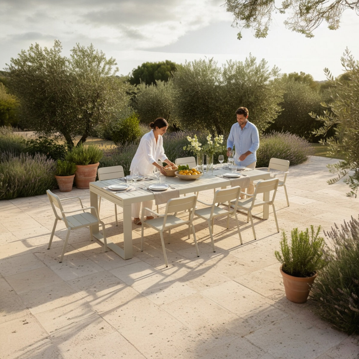 Jenna telescopic beige aluminum outdoor dining table – shown outdoors (4)