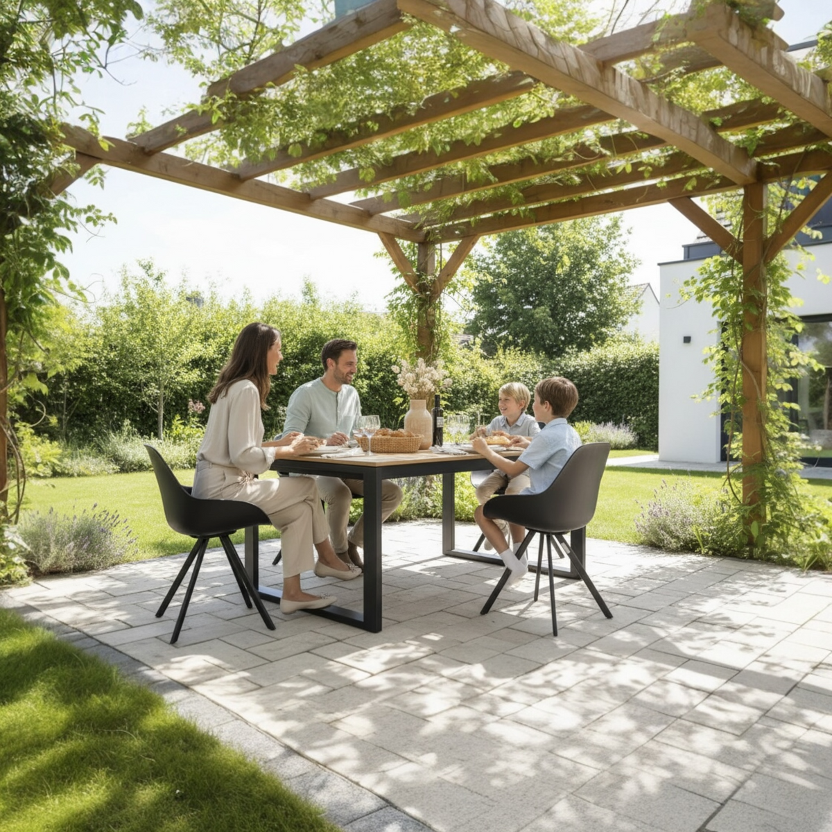 Como black aluminum and teak outdoor dining table, 200 cm – shown outdoors