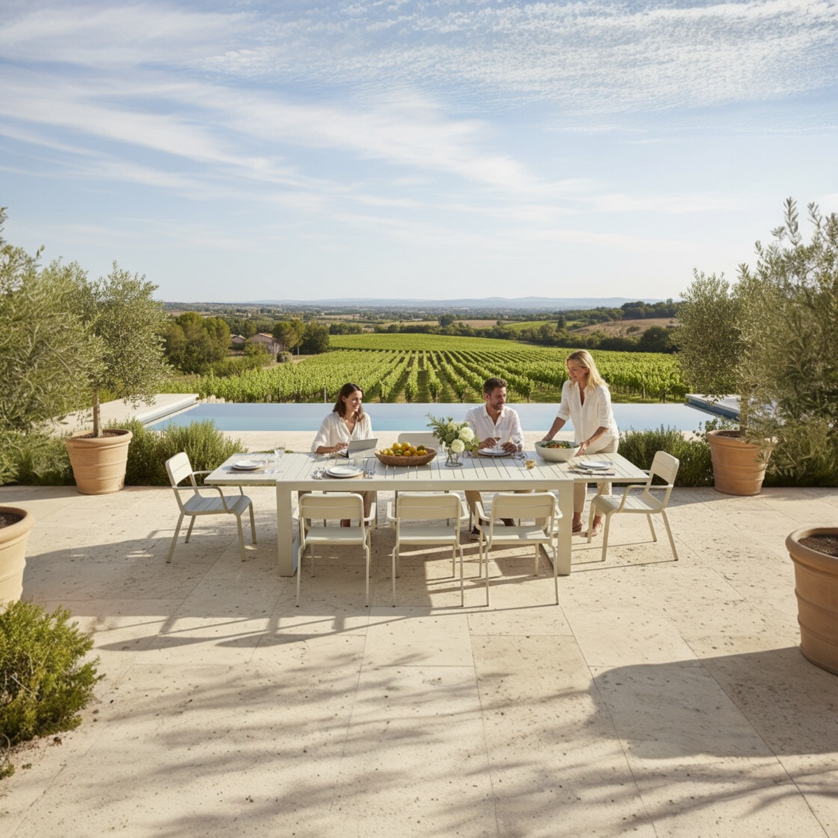 Jenna telescopic beige aluminum outdoor dining table – shown outdoors (3)