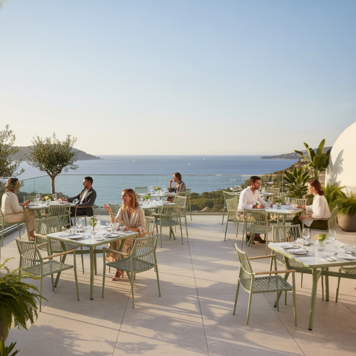 Sarran green square ceramic-top terrace table, 90 cm – shown outdoors