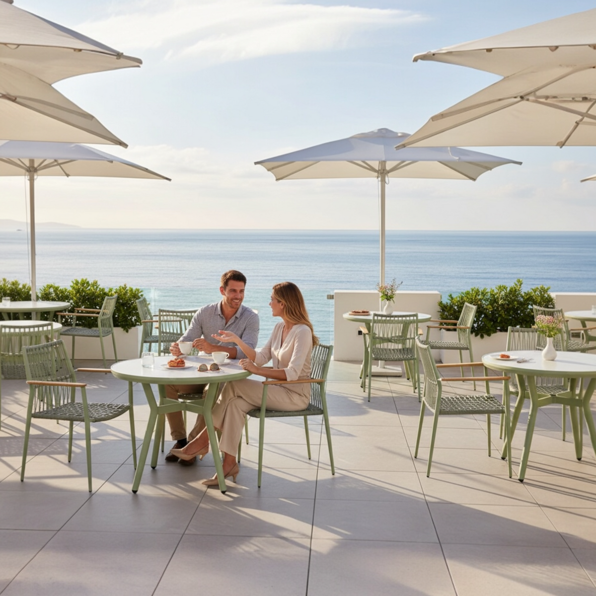 Sarran green round ceramic-top restaurant table, 90 cm – shown outdoors (2)