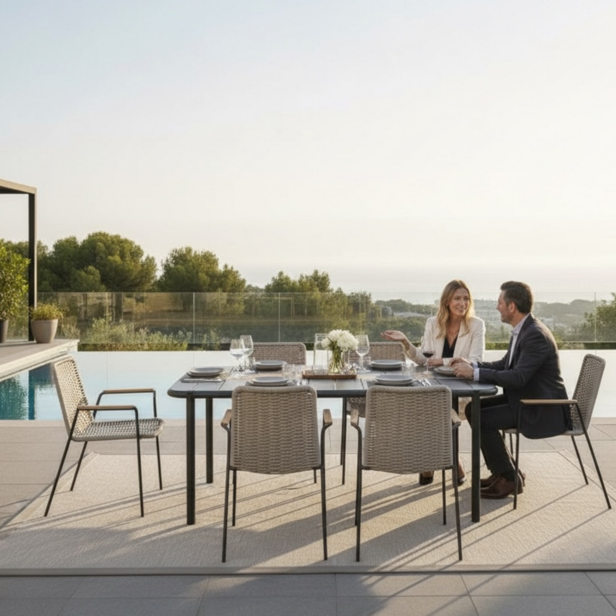 Sarran black aluminum restaurant table for six, 175 cm – shown outdoors (3)