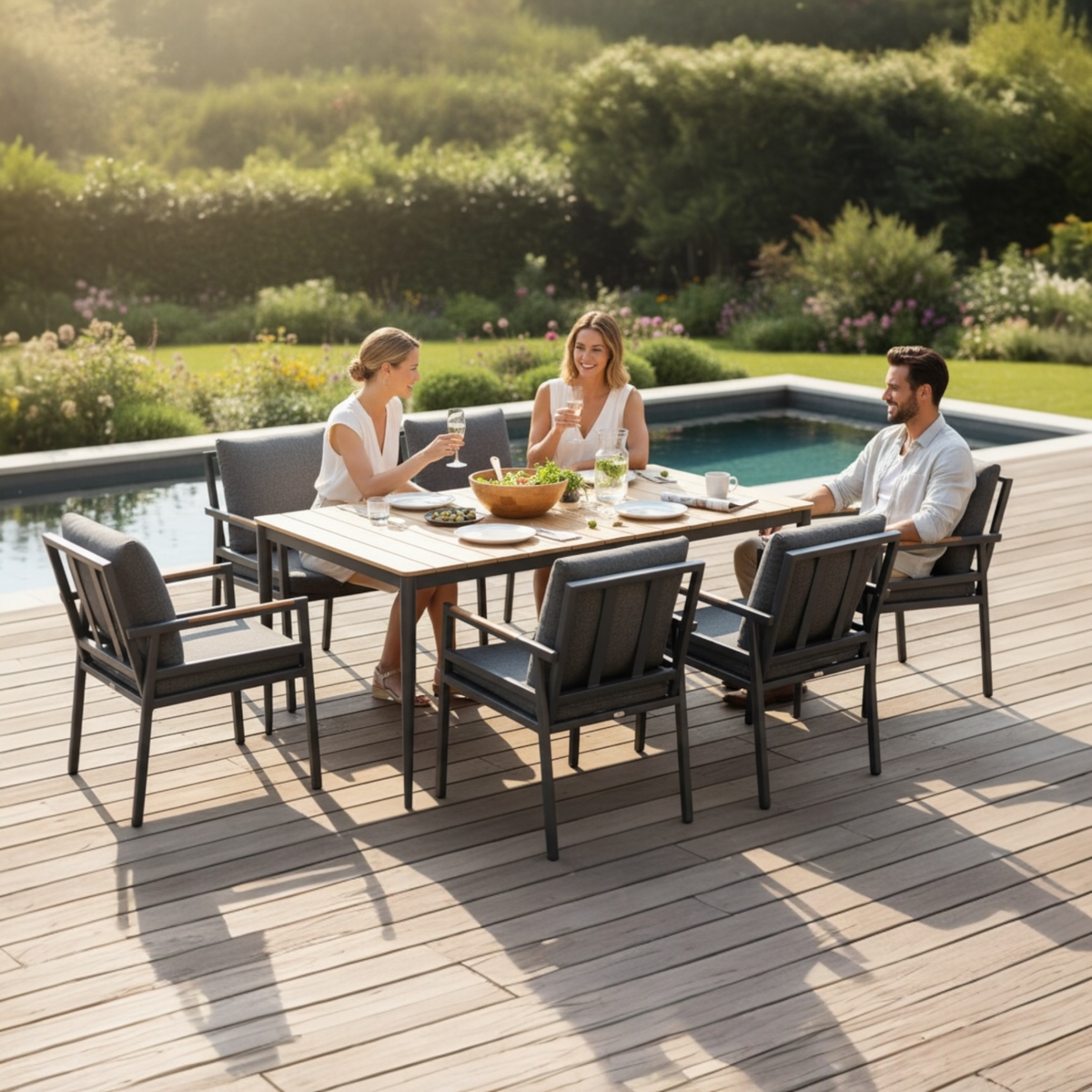 Gloria 6-seat black aluminum and teak slat dining set – shown outdoors (2)