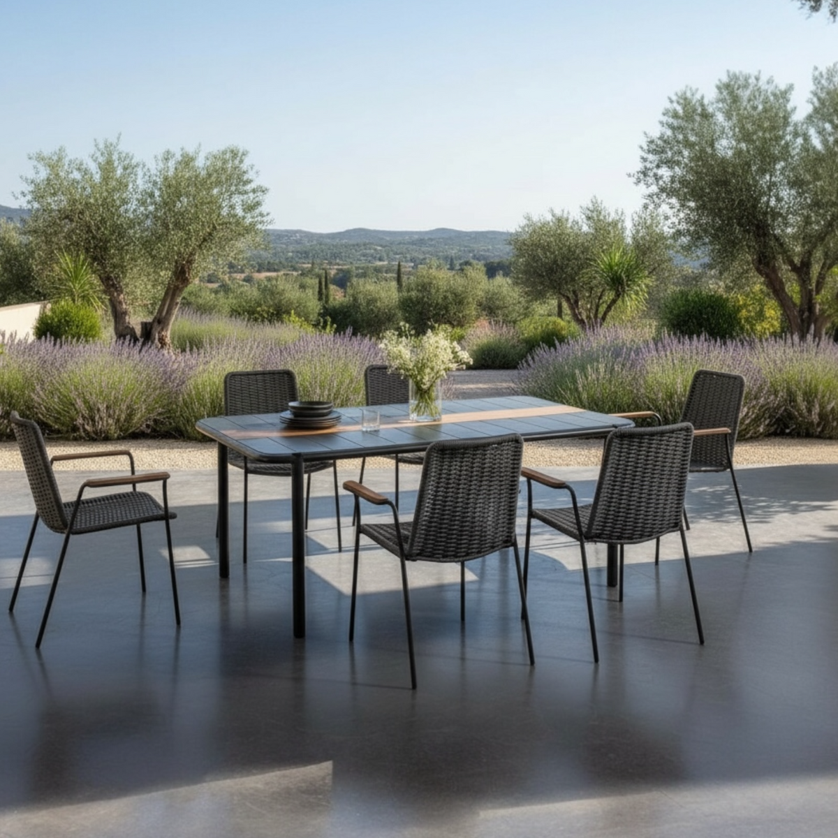 Sarran black aluminum restaurant table for six, 175 cm – shown outdoors