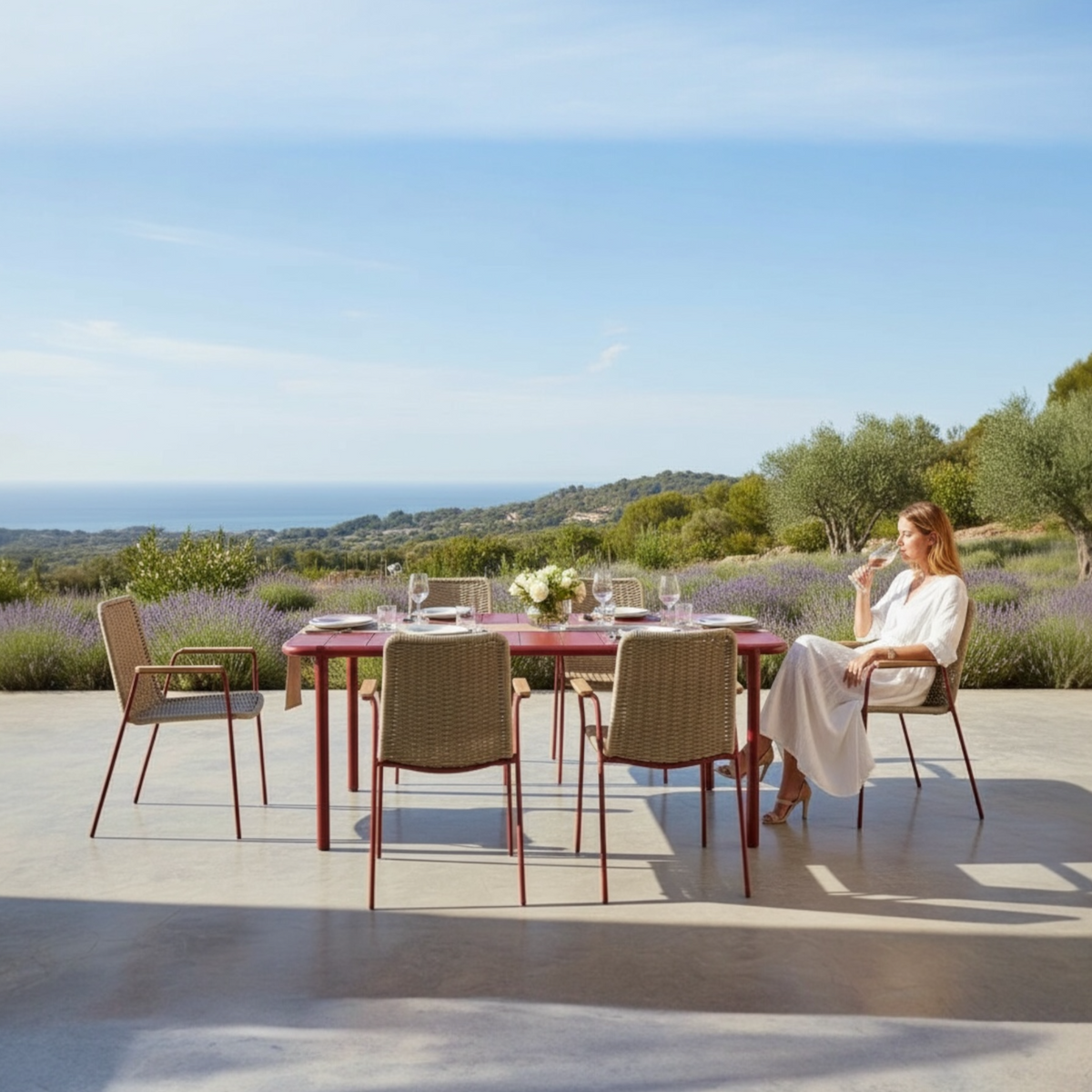 Sarran red aluminum restaurant table for six, 175 cm – shown outdoors