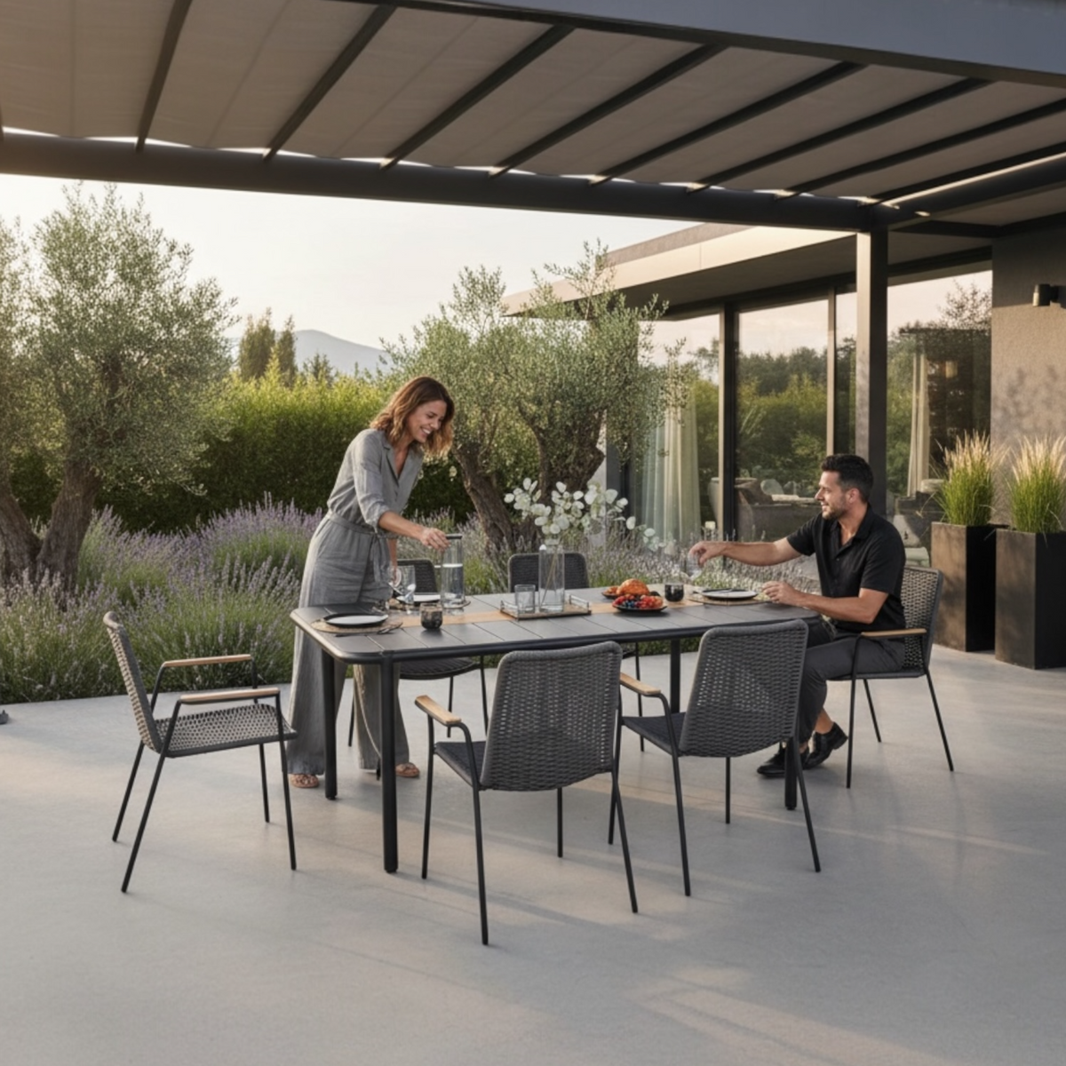 Sarran black aluminum restaurant table for six, 175 cm – shown outdoors (2)