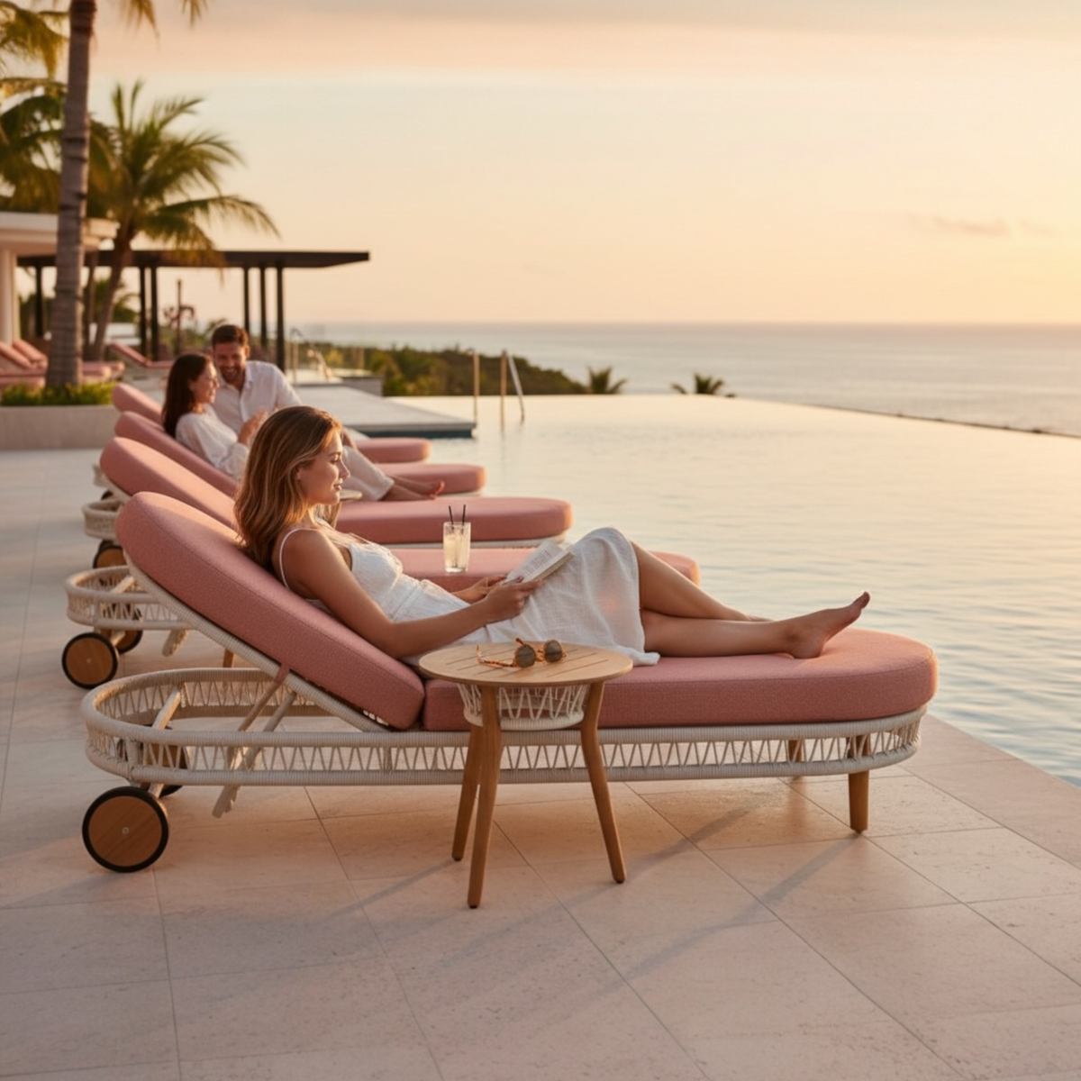 Rose rope and aluminum chaise lounge with pink cushion – shown outdoors
