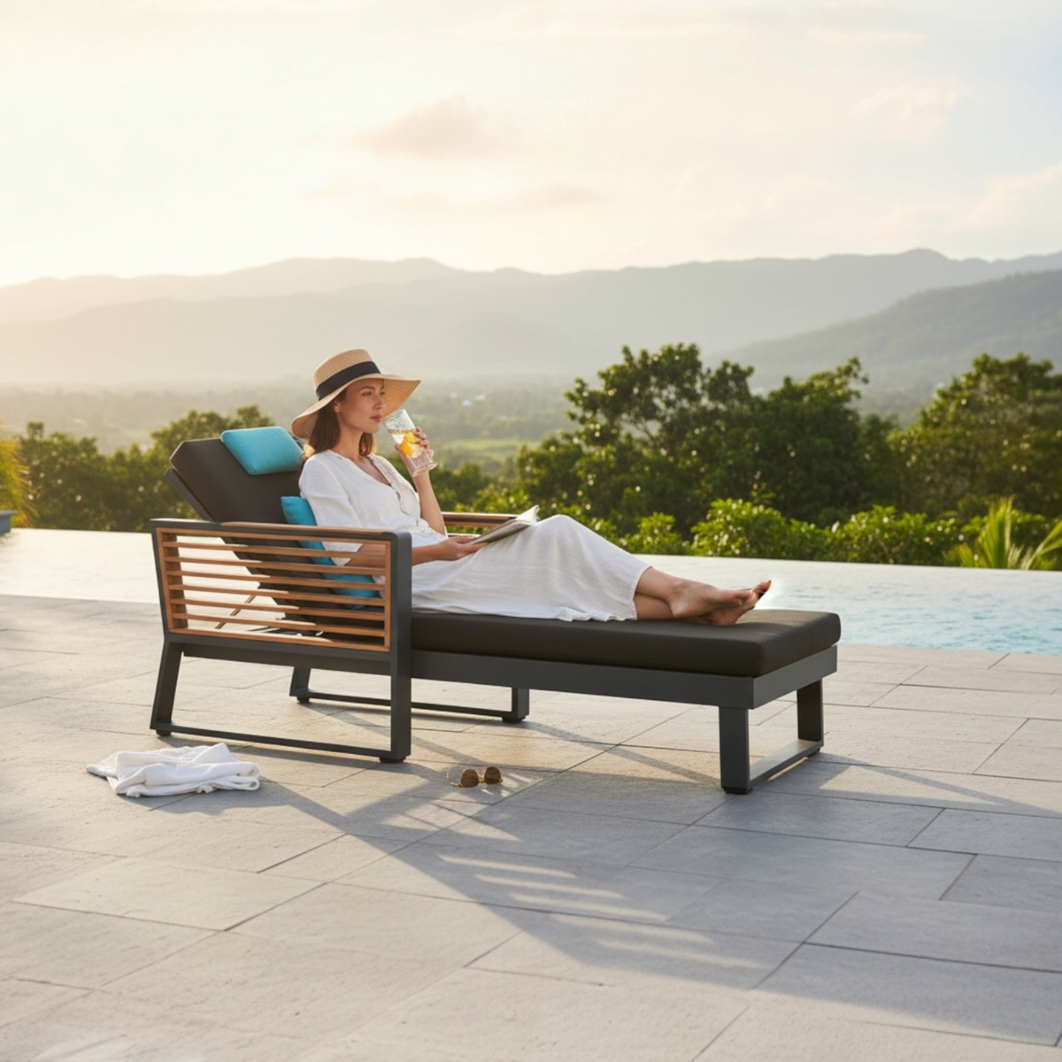 Cofy cushioned aluminum and teak chaise lounge – shown outdoors (2)