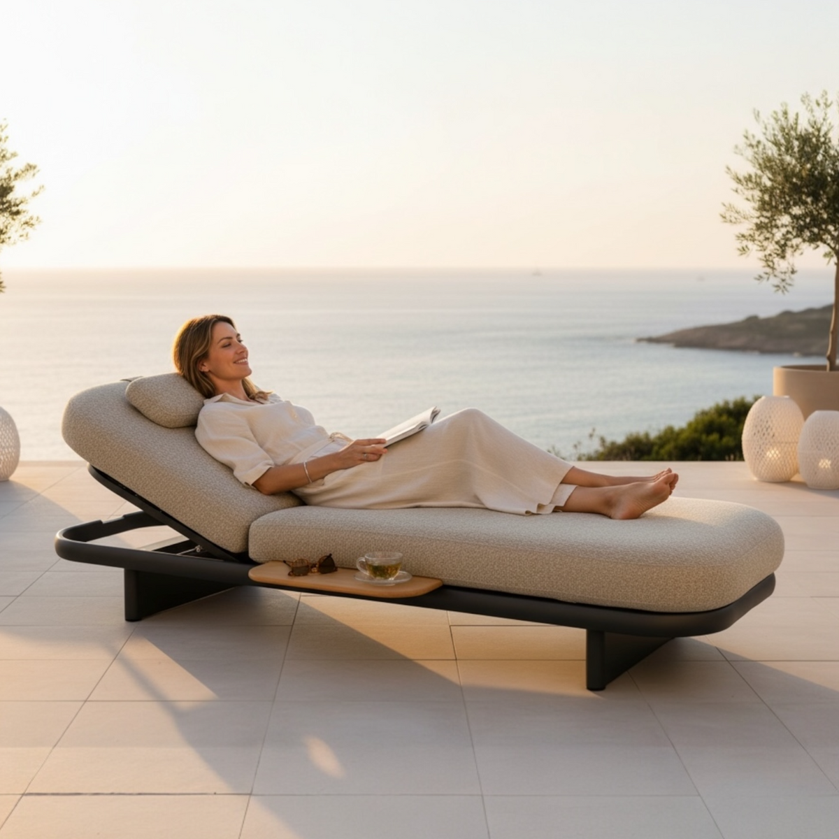 Rosa charcoal gray padded aluminum chaise lounge – shown outdoors