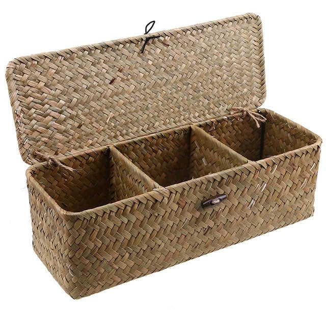 Three-compartment rattan and wicker storage box with a lid – natural variant