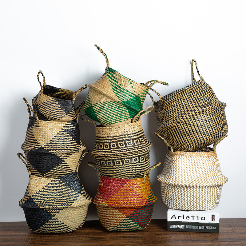 Foldable wicker and rattan planter basket with a rectangular motif – multiple views