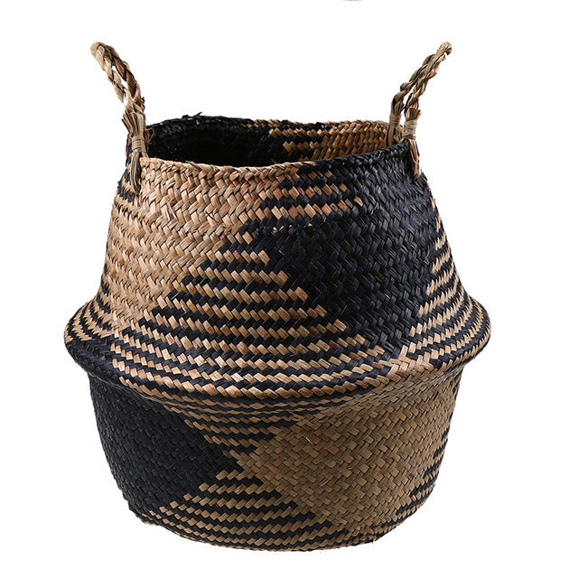 Foldable wicker and rattan planter basket with a rectangular motif – black variant, another view