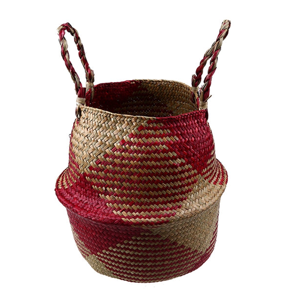 Foldable wicker and rattan planter basket with a rectangular motif – red variant, another view