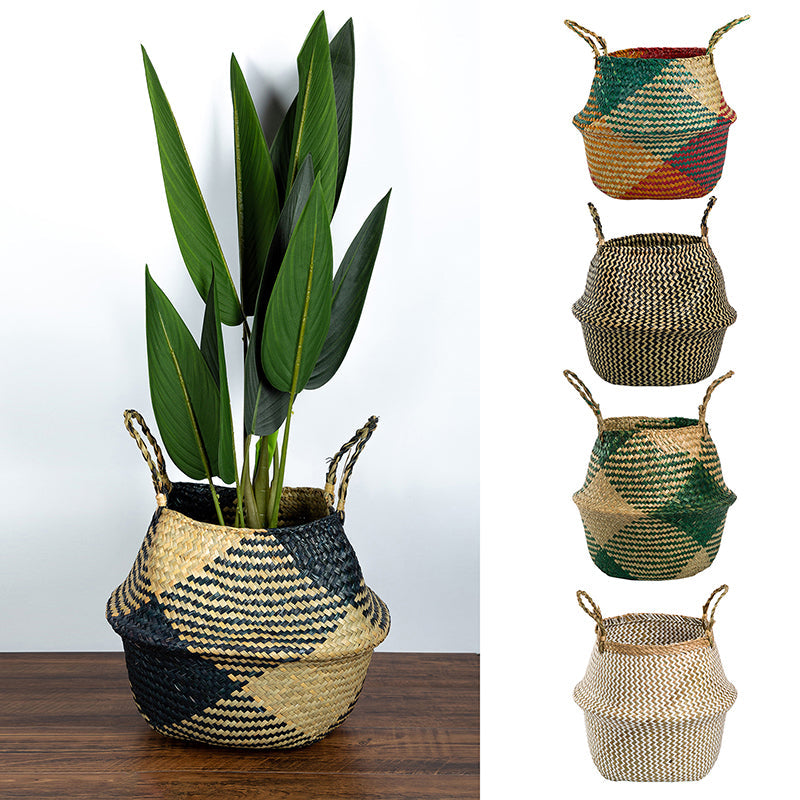 Foldable wicker and rattan planter basket with a rectangular motif – multiple views (2)