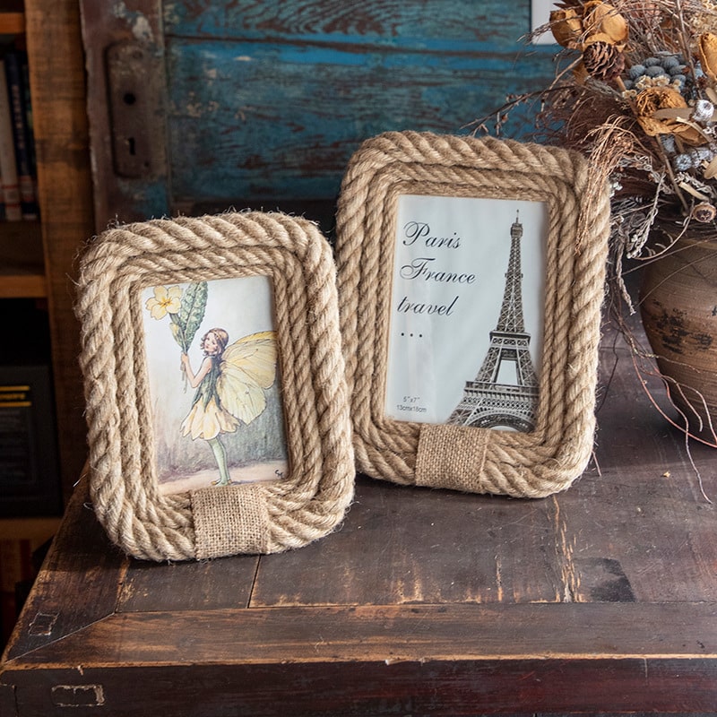 Rectangular hemp and rattan picture frame – shown in a room setting (3)