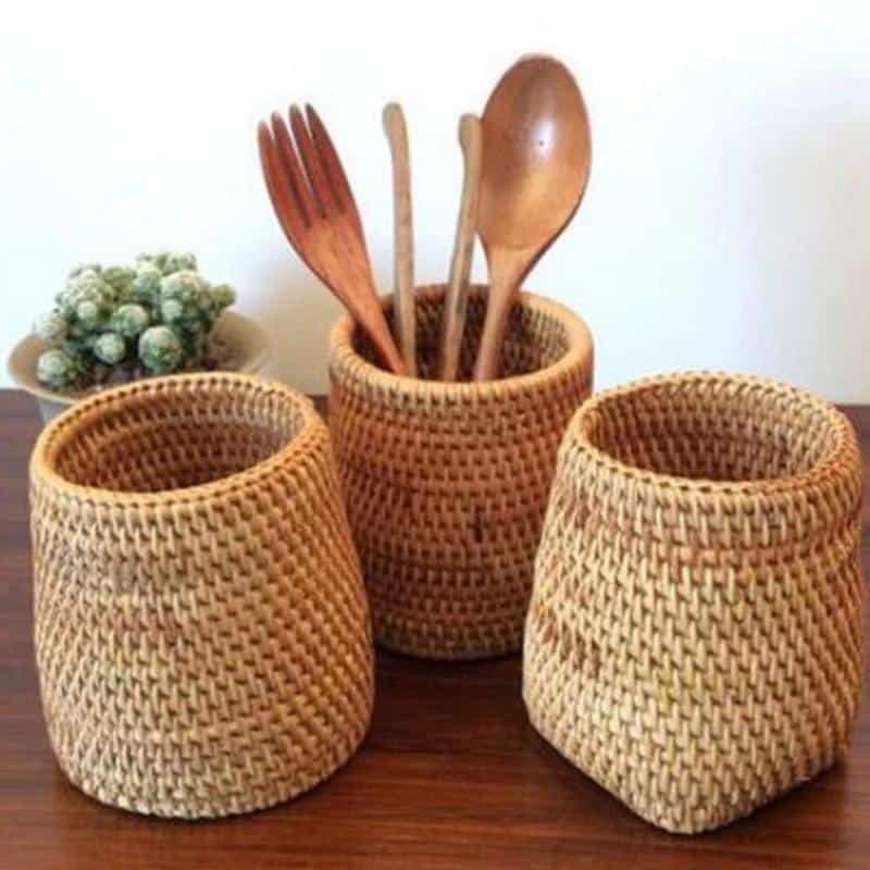Round tightly woven rattan storage basket – shown in a room setting (3)