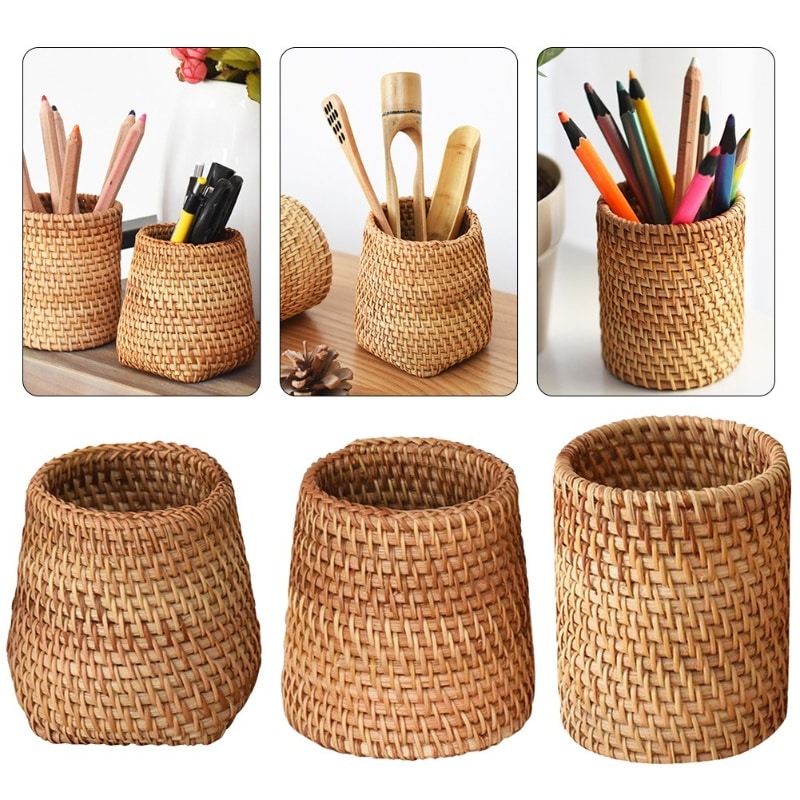Round tightly woven rattan storage basket – multiple views