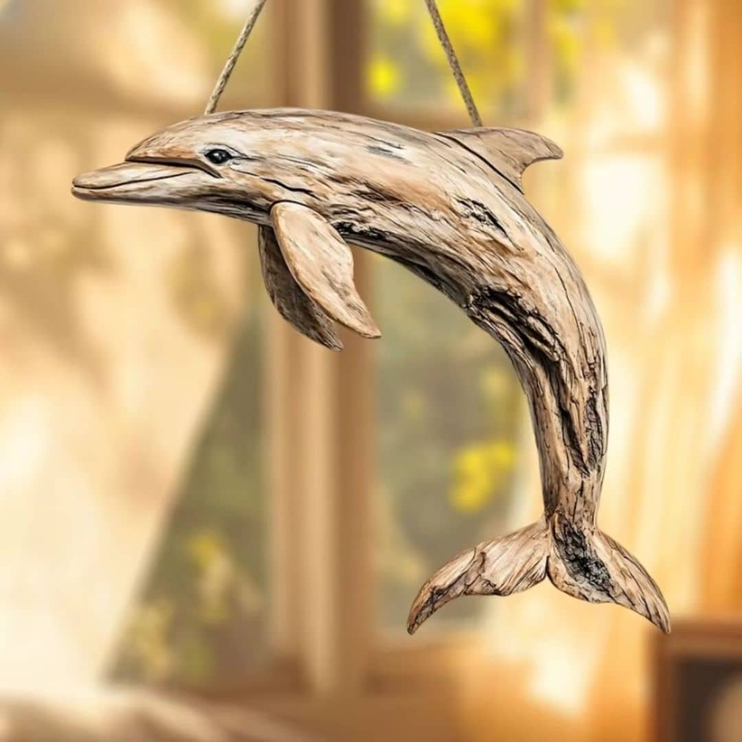 Carved wooden dolphin wall decor in warm beige – shown in a room setting