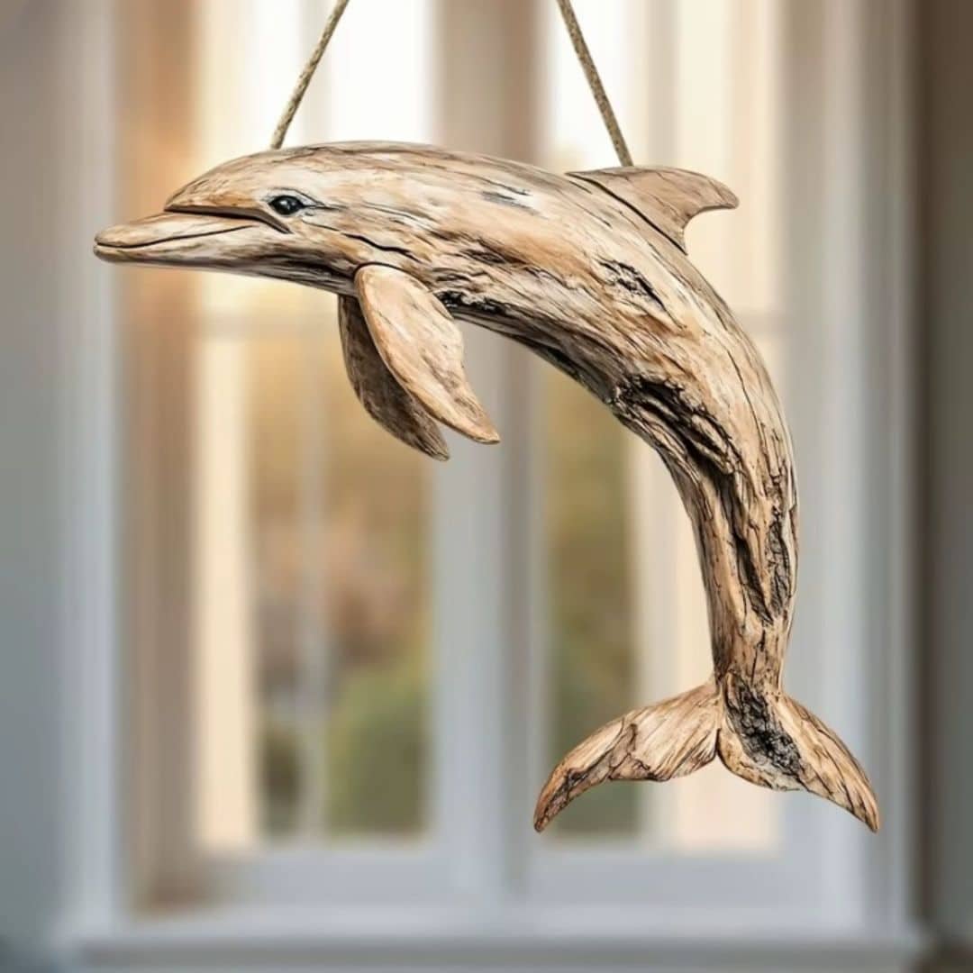 Carved wooden dolphin wall decor in warm beige – shown in a room setting (2)