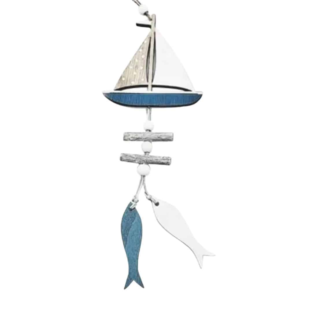 Blue and white wooden wall decor with a sailboat and fish