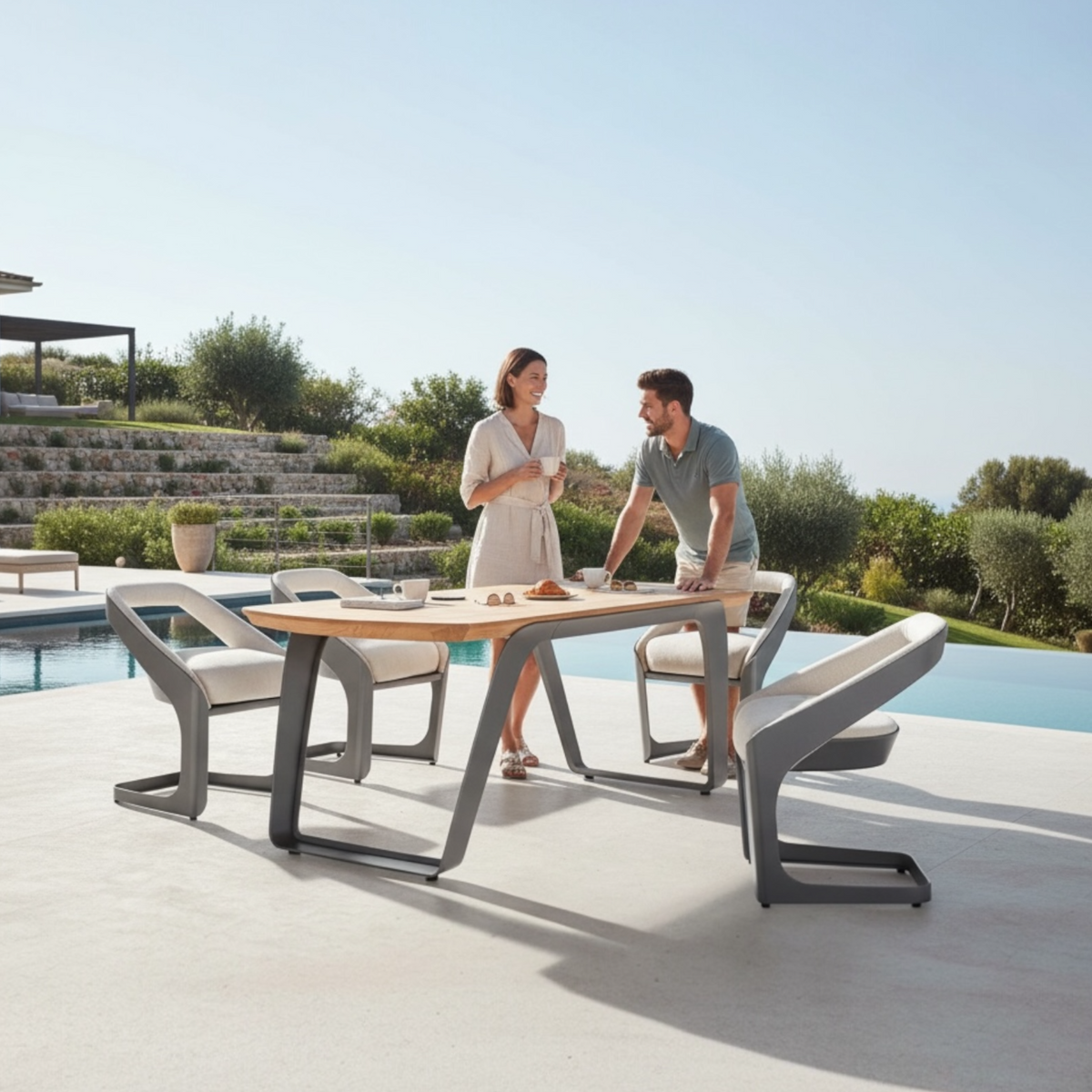 Onda aluminum and teak Sunbrella outdoor dining set – shown outdoors (2)