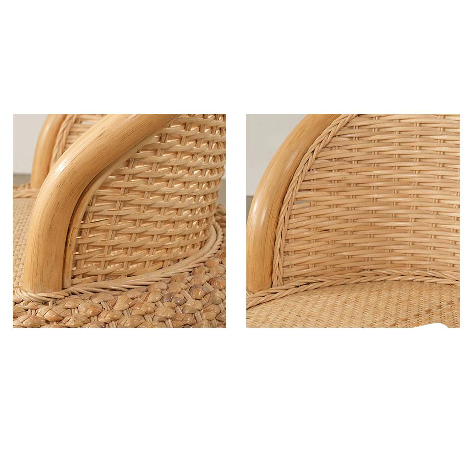 Low beige rattan armchair with rounded arms – multiple views